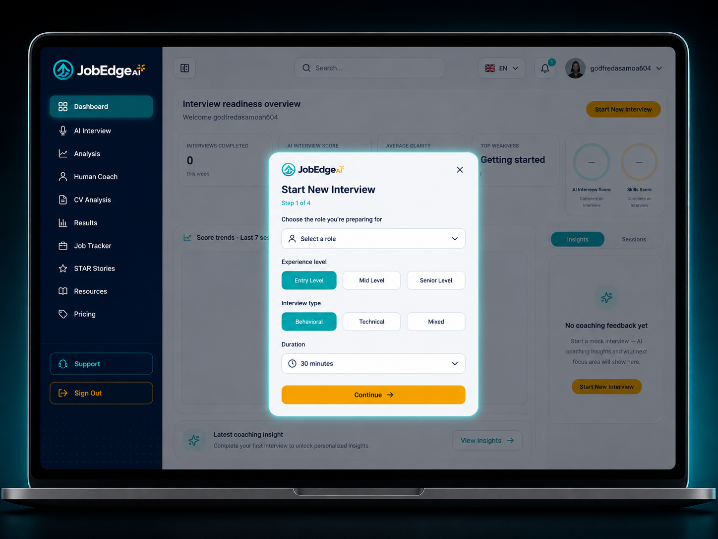 JobEdge AI dashboard — interview readiness scores and session history